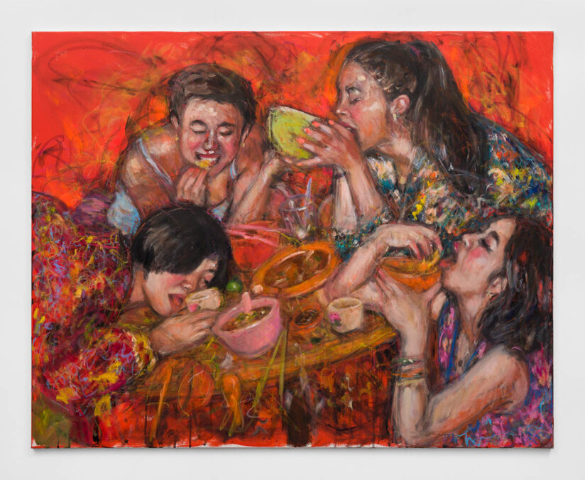 Noodles, oil, acrylic, and oil pastel on canvas, 50” x 40”, 2022 (from ‘A Many- Splendoured Thing’ at Rusha and Co, Los Angeles)