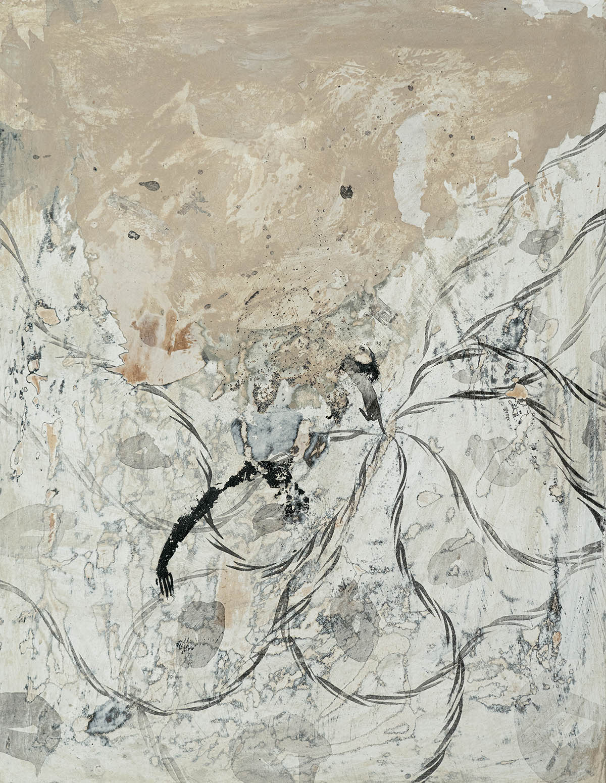 Meng Zhou_Entangled Crossroads交缠的路口, 2024, Ink, Wood Panel, Pearl, Mineral Powder, Animal Gel, Insect Wax, 42x32cm