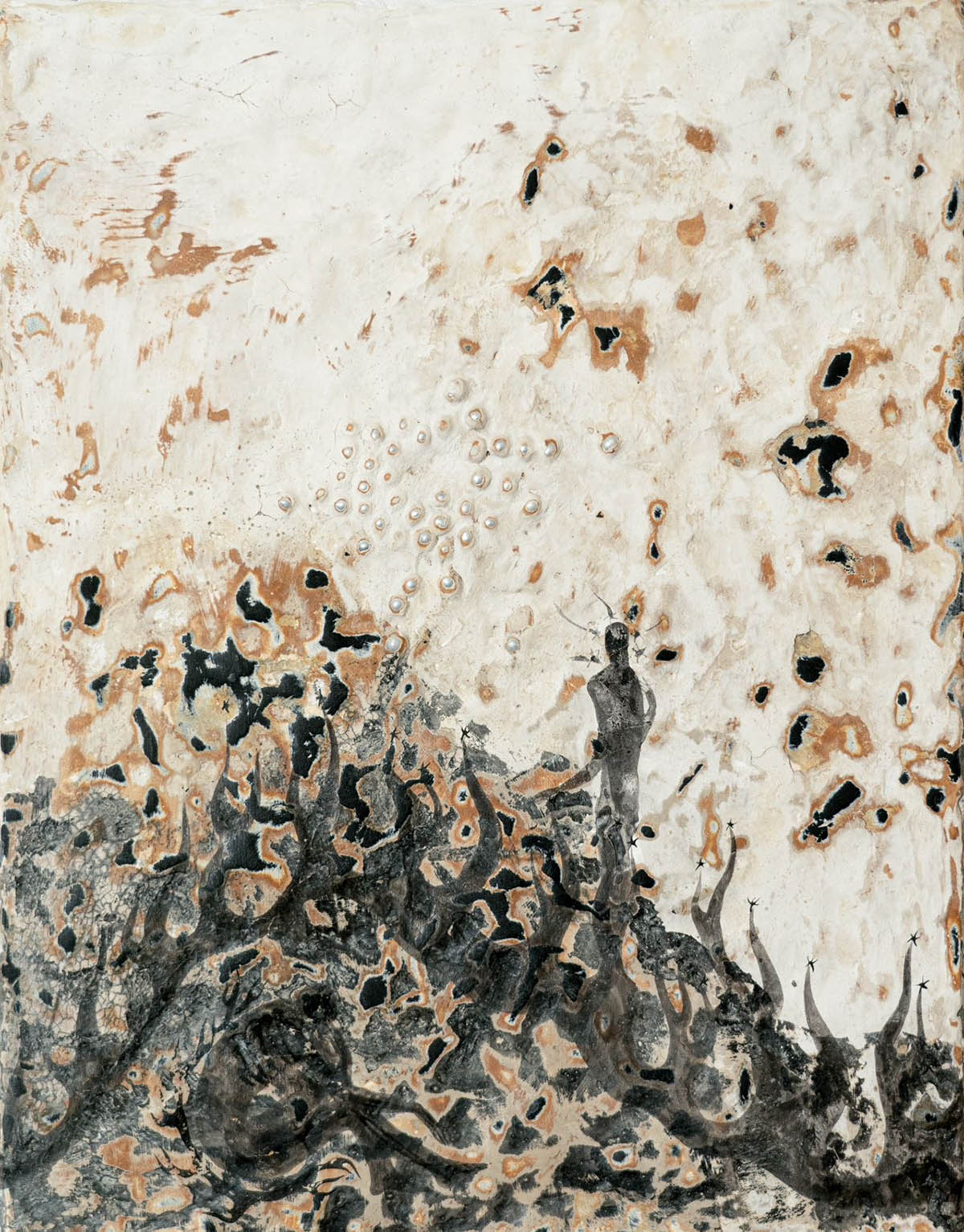 Meng Zhou_Parting in Death and the Relics 死别与舍利子, 2024, Ink, Wood Panel, Mineral Powder, Animal Gel, Pearl, Insect Wax, 42x32cm