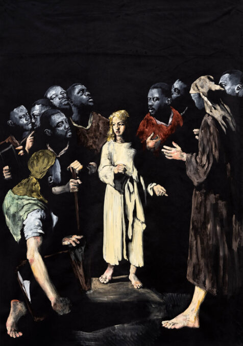 Roméo Mivekannin D'après Jésus et les docteurs, Théodule Ribot (1879) 2024 acrilico su velluto nero / acrylic on black velvet 200 x 140 cm © Roméo Mivekannin, by SIAE 2025 Courtesy of the artist and Galerie Cecile Fakhoury (Abidjan, Dakar, Paris) Ph. Gregory Copitet