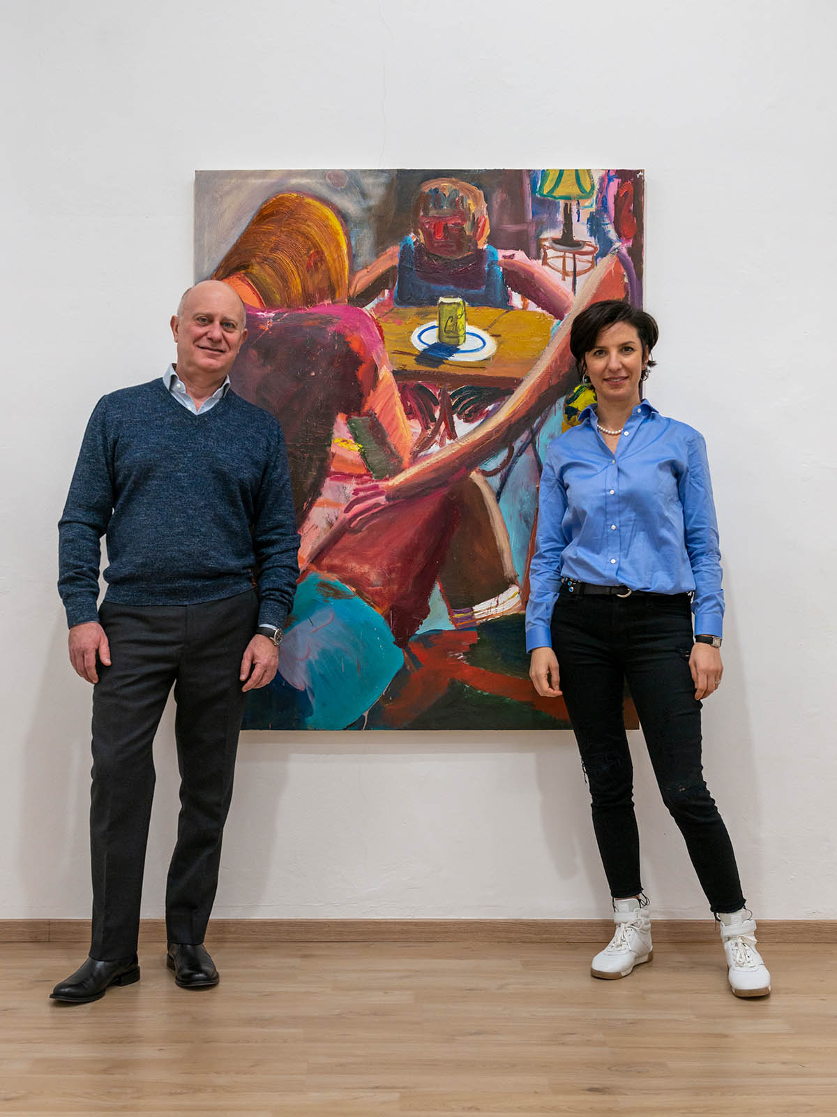 Tatiana Yasinek and Marco Palacino, collector of the gallery and founder of Orizzonte Capital Sgr, with a work by Jacob Patrick Brooks (1994, USA), whose show has opened in January 2021, photo by Mattia Mognetti