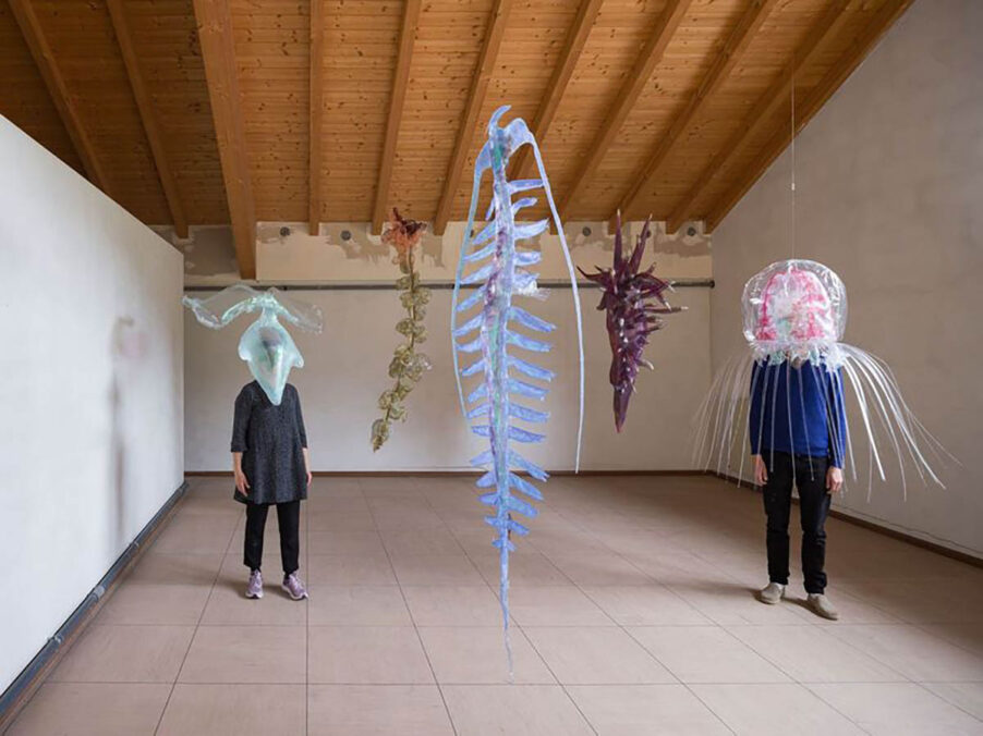 Linda Jasmin Mayer, Drifters, 2024. Five Anthropomorphic Masks. Mixed Media. Variable Dimensions. Performance on 31.05.2024. Commissioned by Biennale Gherdëina 9. Photo by Tiberio Sorvillo
